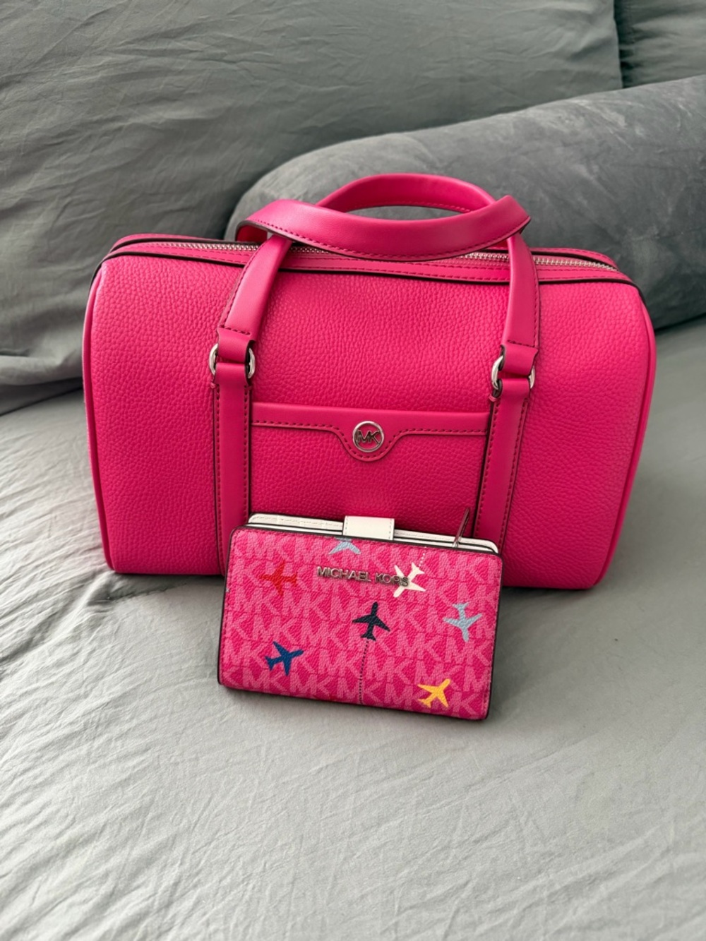 Michael Kors Bright Pink Leather Satchel with Printed Pink Wallet